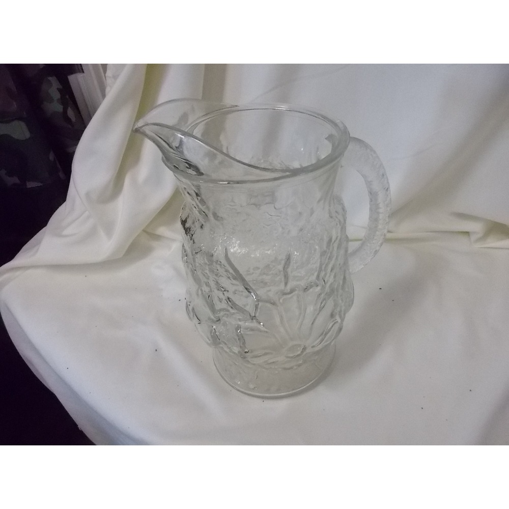Vintage Clear Pressed Glass Pitcher Embossed Sunflower Floral Textured Carafe